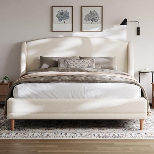 Hazel California King Size Bed Frame, Upholstered Platform Bed, Soft Boucle Headboard, Wood Bed Support and Slats, Curved-Shaped Headboard California King Bed, 43.90" H White by Christopher Knight Home - Used condition - US$333.00