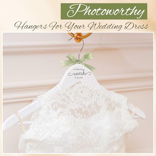 Chunful 10 Pack Personalized Bride Hanger for Wedding Dress Custom Name White Wooden Bridal Hangers with UV Dtf Transfers Natural Wood Dress Hanger with Ribbon Bow Bride Wedding(Satin Ribbon,Green) by Chunful - Used condition - Image 7