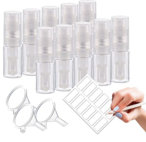 10 pack Luster dust spray Powder Sprayer 15 ml duster PET Bottle Pump dispenser, perfect for cake decoration, Glitter, Powder Luster Dust, Dry shampoo, Craft, travel size + 20 labels + 3 mini funnels
