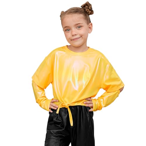 Image of Perfashion Girls Metallic Shirts Shiny Tie Front Knot Crop Top with Arm Sleeves for Dancing Raves Festivals 4-15 Years