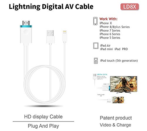 MUNDDY Cable Adaptador HDMI TV HDTV y Cable USB 1080P para iPhone 5 5S 5C 6 6S 6 Plus 6S Plus 7 7 Plus 8 8+ X XR XS XS MAX..