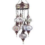 LaModaHome Authentic Tiffany Chandelier, Turkish Mosaic Lamp with 7'' Globes for Living Room, Bedroom, Ceiling Lighting for Decorative Unique Home Gift, Stained Glass, Colorful Shades, Corded - White