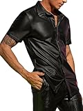 Picture of WDIRARA Men's PU Leather Button Down Short Sleeve Dress Shirt Casual Streetwear Top Black S