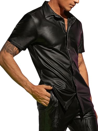 WDIRARA Men's PU Leather Button Down Short Sleeve Dress Shirt Casual Streetwear Top