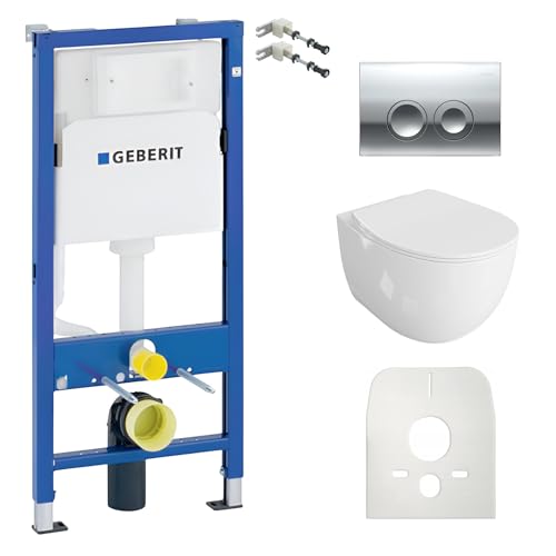 Lavita Duofix Basic Vorwandelement + Wand Tiefspül WC Mondo Weiß Spülrandlos + WC Sitz + Bedienplatte Delta 25 Verchromt Knopf Komplettset Unterputz Spülkasten Toilette Komplett Sett WC