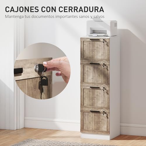 Miniatura 6 de Homcom Cajonera De Oficina Con 4 Cajones Cajonera De Escritorio Con Cerradura 2 Llaves Barras Colgantes Para A4 Carta Archivador Móvil Para Estudio 39,4x40x129 Cm Blanco Y Madera