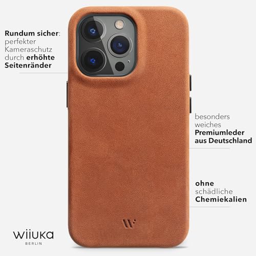 WIIUKA Etui kompatybilne z iPhone 14 Pro, skórzane etui z Niemiec, bardzo cienkie, wysokiej jakości etui na telefon komórkowy, Qi, vintage koniakowy brąz