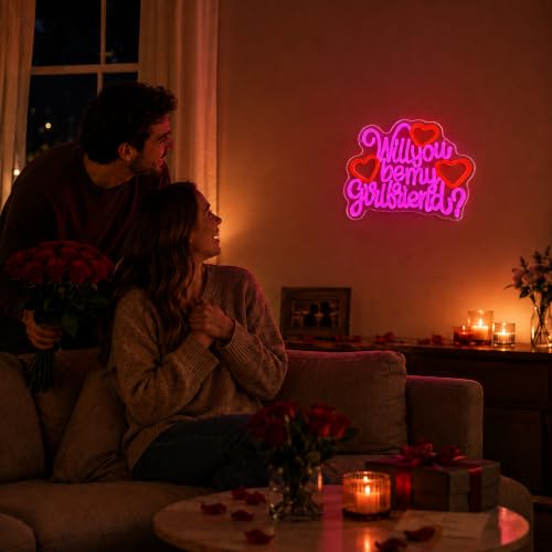 Image of Will You Be My Girlfriend Neon Sign for Wall Decor Pink LED Light Sign for Room Decor Dimmable Light Up Sign for Birthday Party Decoration USB Powered