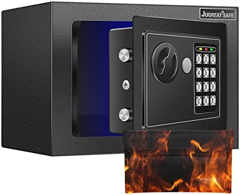 JUGREAT Fire Resistant Money Safe Box for Home with Fireproof Money Bag for Cash Safe Hidden, Security Safe Box for Money Safe with Keys,With Induction Light for Home Office Hotel