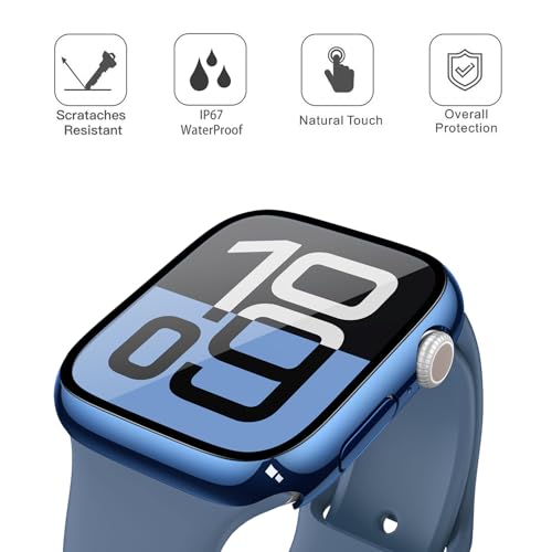 Image of Misxi [2 Pack] Waterproof Hard Case with Tempered Glass Compatible with Apple Watch Series 11 (2025) Series 10 42mm, Overall Protective Cover for iWatch Screen Protector, 1 Blue + 1 Transparent