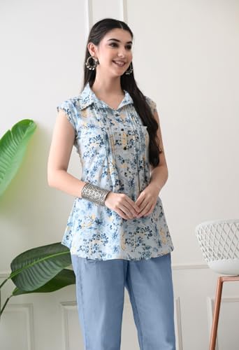 Image of Rimika's Pure Cotton Sky Blue Floral Regular Fit Sleeveless Top with Collar, Perfect for Casual, Comfort, Daily, Formal and Ethnic Wear