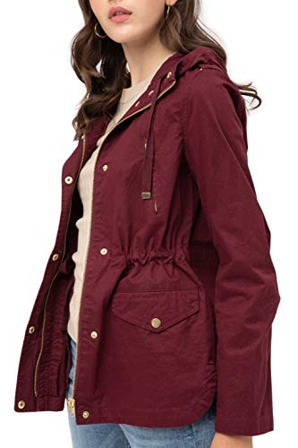 FASHION BOOMY Women's Zip Up Safari Military Anorak Jacket with Hood Drawstring - Regular and Plus Sizes Small H-24-BURGUNDY - Thumbnail 4