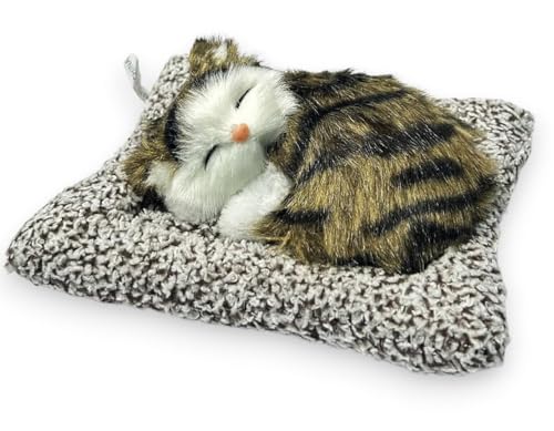 Image of Sleeping Cat Plush Toy with Press Simulation Sound, Sleeping Cat Stuffed Animal Fur Soft Toys with Sound for Kids Car Dashboard Cat & Office Desk (Golden & Black)