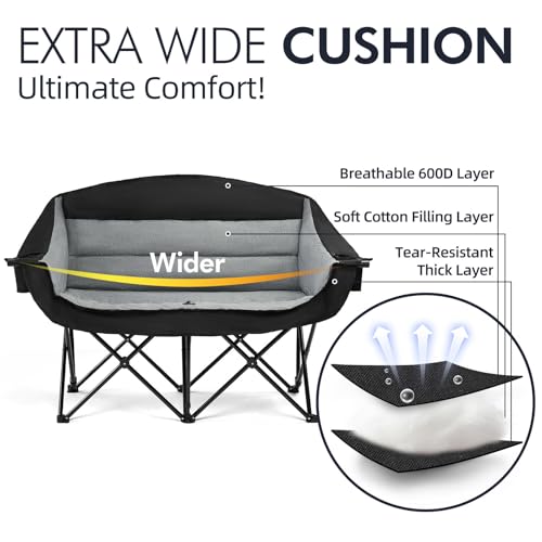 Image of Double Camping Chair Loveseat -2 Person Oversized Padded Outdoor Camp Couch