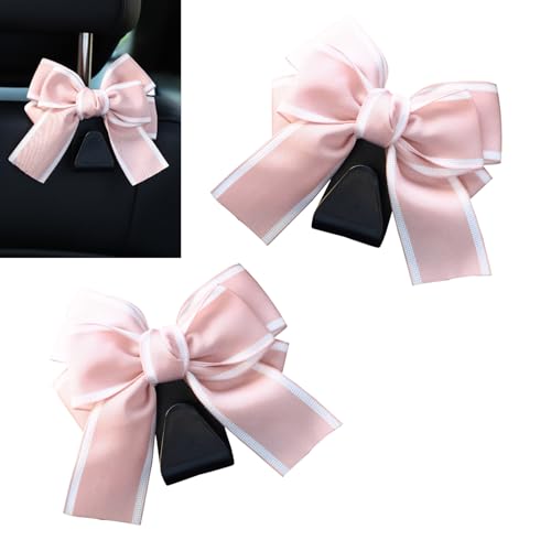 Zigeiya 2 PCS Car Seat Headrest Hooks, Elegant Cute Bow Decorative Hanger, Portable Hanging Organizer for Umbrella Wallet Bag Mask, Universal Multi-functional Storage Interior for Cars (Pink)