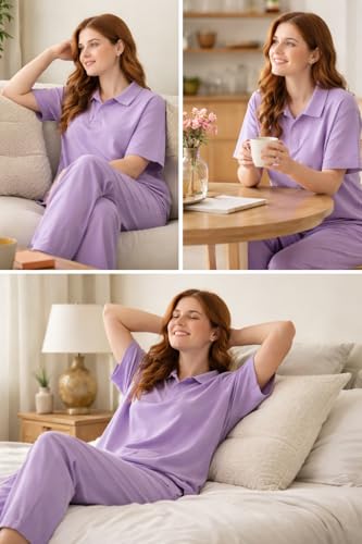 Image of Kvetoo Women Solid Tracksuit Set Cotton Lounge Wear Set Half Sleeve Polo T-Shirt & Straight Pant Casual Travel Outfit