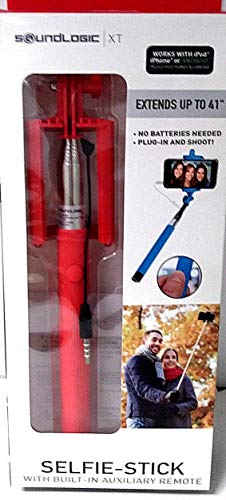 SoundLogic XT Universal Extendable Selfie Stick with Built-in AUX Remote, Red