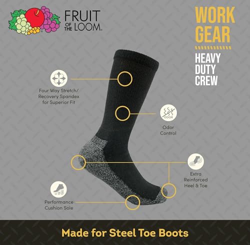 Fruit of the Loom Work Socks for Men - Cotton Crew Socks 5 Pack - Thick Cushioned Boot Socks, Heavy Duty, Shoe Size 6-123