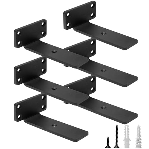 HITOMEN Heavy Duty Floating Shelf Brackets, 5-Inch (1/5'' Thick) Hidden Shelves Hardware, Iron L Brackets, Rustic Industrial Black Metal Wall Shelving Supports, 6 Pack