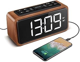 Radio Alarm Clock, Large LED Display Wood Digital FM Alarm Clock, Adjustable Brightness
