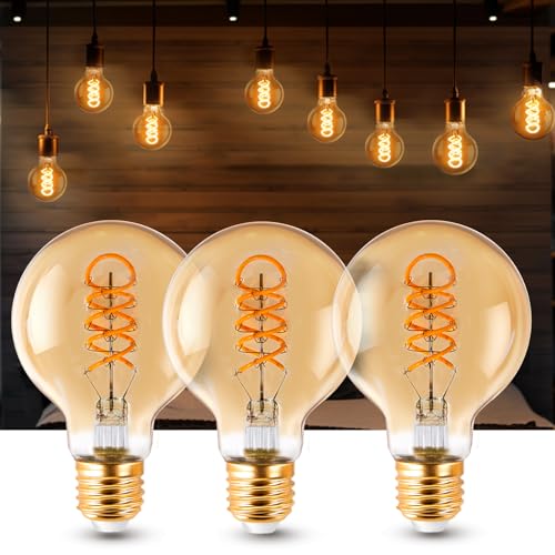 Aigostar Bombilla LED E27 4W， Modelo G80， Luz Cálida 1800K， 280 Lúmenes， Bombilla vintage de Tipo Edison Con filamento y Vidrio ámbar， Bombilla Decorativa， No Regulable， Pack de 3 Uds