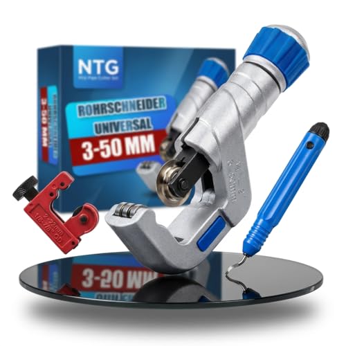 Kit coupe-tubes NTG avec grand et petit coupe-tubes et ébavureur (3-50 mm) - Polyvalent pour l'acier inoxydable, le cuivre, l'aluminium, l'acier ou le plastique - ébavureur inclus -