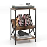 COSTWAY Mesa Auxiliar de 3 Niveles, Mesa de café Pequeña con Revistero en Forma de V, Marco de Metal Robusto en Forma de X y Almohadillas Ajustables, Marrón Rústico