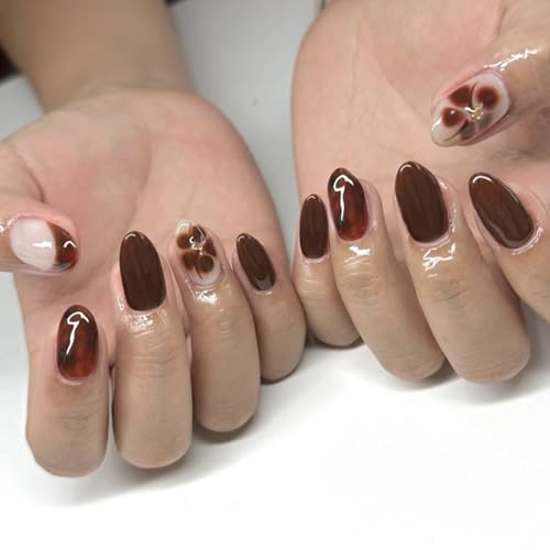 Mivota French Press On Nails Short Almond, Fall Fake Nails Adorned with Black and Burgundy Petal Accents, 3D Design, Glossy Gel Finish Acrylic Nails, Reusable Glue On Nails for Women, 24Pcs