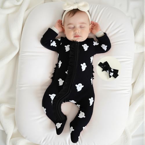 Newborn Baby Girl Halloween Outfit Ghost Print Ruffled Zipper Long Sleeve Romper Jumpsuit Infant Fall Clothes Headband3