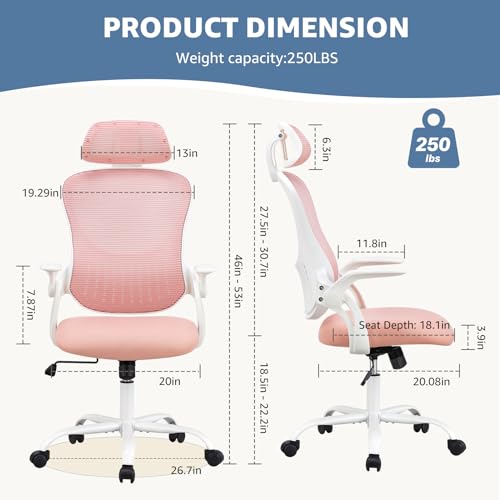 Image of DUMOS Ergonomic Office Chair - High Back Mesh Computer Chair with Lumbar Support, Headrest, Flip-up Arms, and Swivel Wheels - Comfortable Gaming & Desk Chair for Home Bedroom Office,Pink