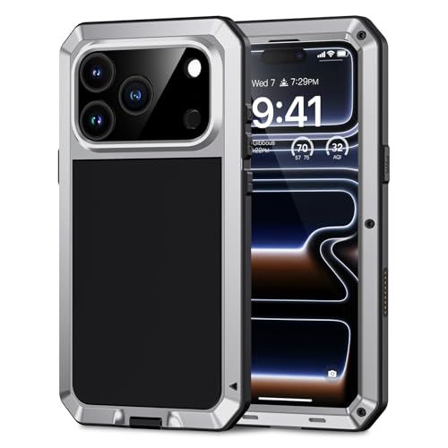 Lanhiem for iPhone 17 Pro Metal Case, Heavy Duty Shockproof Tough Rugged Case with Built-in Glass Screen Protector, 360 Full Body DustProof Protective Cover for iPhone 17 Pro 6.3", Silver by Lanhiem - Used condition - CA$19.66