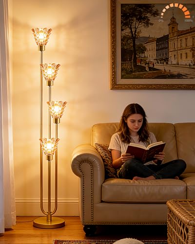Lightdot Glass Floor Lamp Dimmable 4-Light Amber Shade Gold Floor Lamps