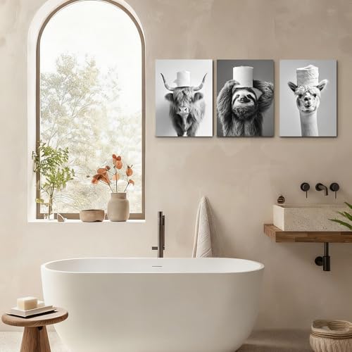 Alptiny Lustige Wandbilder Badezimmer 3er Set 30×40 cm – Schwarz Weiß Tiermotive mit Toilettenpapier, WC Bilder für Gäste WC, Badezimmer Deko Wandbild