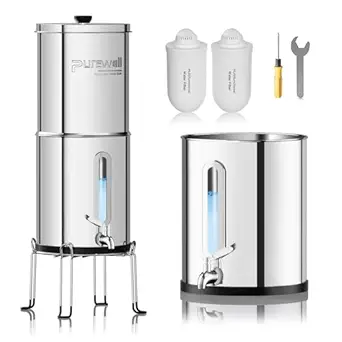 Purewell Upgraded 6-Stage 0.01μm Ultra-Filtration Gravity Water Filter System with Water Level Window, 304 Stainless Steel Countertop System with 2 Filters and Stand, Reduce 99% Chlorine, 2.25G, PW-FH