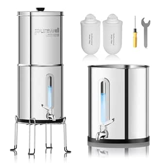 Purewell Upgraded 6-Stage 0.01μm Ultra-Filtration Gravity Water Filter System with Water Level Window, 304 Stainless Steel Countertop System with 2 Filters and Stand, Reduce 99% Chlorine, 2.25G, PW-FH