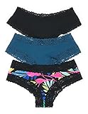 Victoria's Secret PINK Cheekster Panty Set of 3 Medium Lace Trim Black / Teal / Tropical Palm