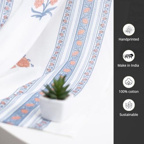 Image of Peepul Tree Pure Cotton Handprinted Blue and Peach Floral Sheer Curtain | Set of 2 | 8 ft | Inspired by Rajasthan Palaces | Royal Courtyards Collection