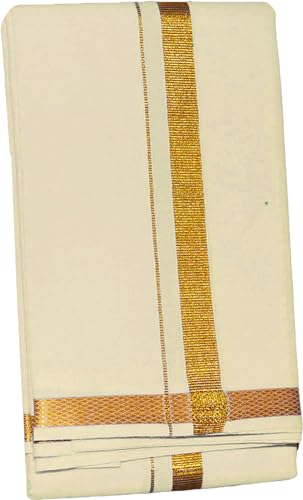 Image of PRAKASAM COTTON - Jari Border Cotton Blended Dhoti For mens & Matching Jari Border Towel (Angavastaram)