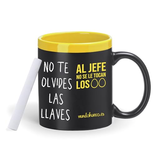 mundohuevo| Taza con frase “Al jefe no se le tocan los huevos.” | Taza pizarra para escribir o dibujar| Borde e interior de cerámica| Incluye tiza blanca|Capacidad de 350 ml| Regalo divertido.