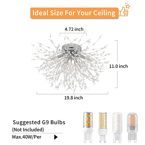 Tanlux Chrome Firework Flush Mount Ceiling Light Fixture, Modern Crystal Sputnik Firework Ceiling Lights, 6-Light Close To Ceiling Lighting Fixtures For Bedroom Kitchen Hallway Entryway #TOP2
