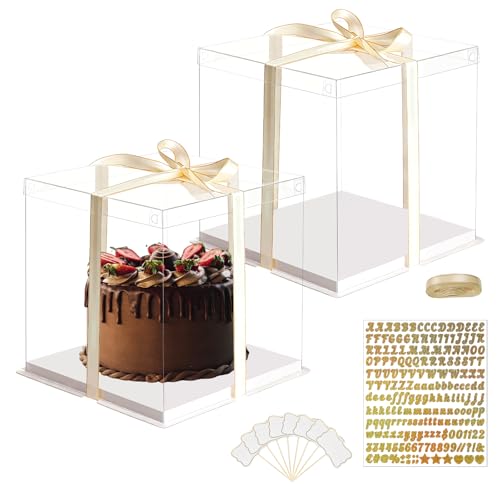 NAHUAA 2 Pezzi Scatola per Torta Trasparente 30x30x25 cm Scatola Torta con Coperchio Contenitore per Torte Scatole per Torte Trasparenti con Base e Nastro, 10 Inch