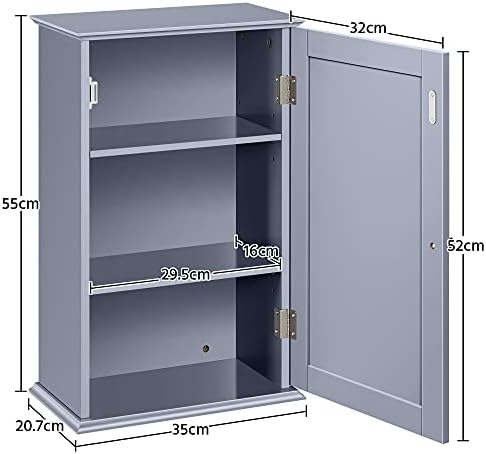 Yaheetech Bathroom Cabinet Single Wall Mounted Bathroom Storage Cabinet Wooden Cupboard with Adjustable Shelves, 21D x 35W x 55H cm, Grey