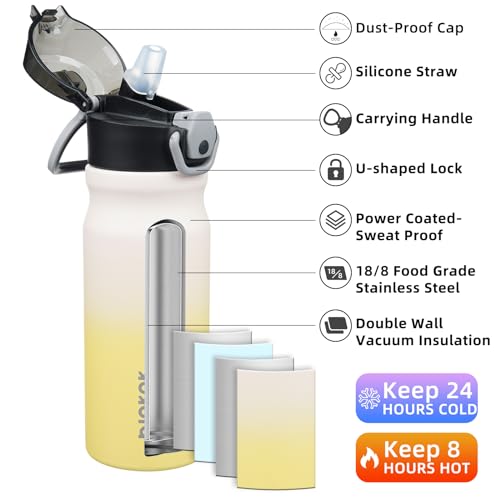 BJPKPK Insulated Water Bottle 18oz Stainless Steel Water Bottles with Straw and Carry Handle Double Wall Metal Thermo,Lemon by BJPKPK - Image 2