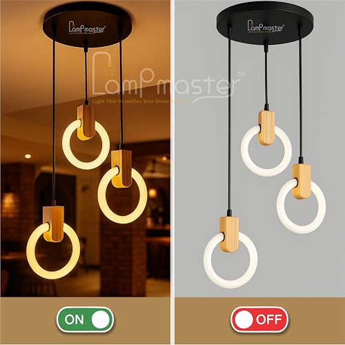 Image of Lampmaster 3-Ring LED Pendant Light | Modern Hanging Ceiling Lamp with Wooden Accent & Warm White Glow | Decorative Chandelier for Living Room, Dining Room, Bedroom, Restaurants & Cafe Interior