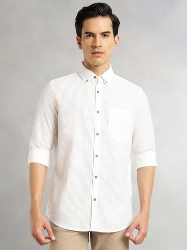 Image of Thomas Scott Men's | Slim Fit | Striped Design | Button-Down Collar | 100% Cotton Casual Shirt for Mens