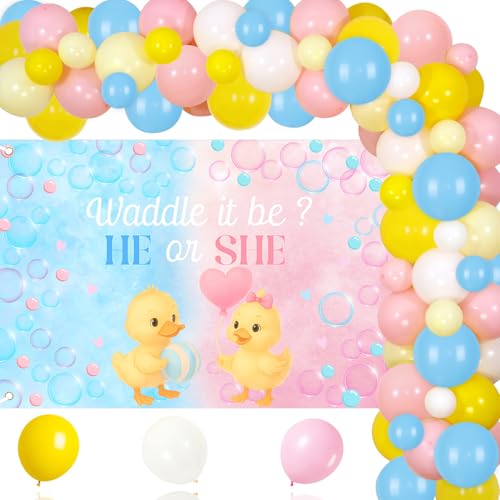 Duck Gender Reveal Decorations Pink Blue Duck Themed He or She Waddle It Be Backdrop Balloon Garland Arch Kit for Ducky Boy Or Girl Gender Reveal Party Baby Shower Supplies