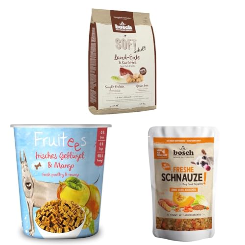 Bosch HPC Soft Land-Ente & Kartoffel Single Protein | Grain-Free | 1 x 2.5 kg+Bosch Fruitees frisches Geflügel & Mango |4 x 200 g + Freshe Schnauze Sonnig gelbes Ackergemüse 1 x 200g| Getreidefrei|