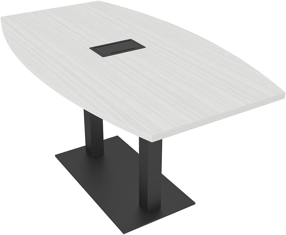 Harmony Series 6-Person Boat Shaped Conference Table with Power & Data | Matte Black Square Metal Base | Meeting Tables for Offices, Training Rooms | Scratch-Resistant | White Cypress – 6’