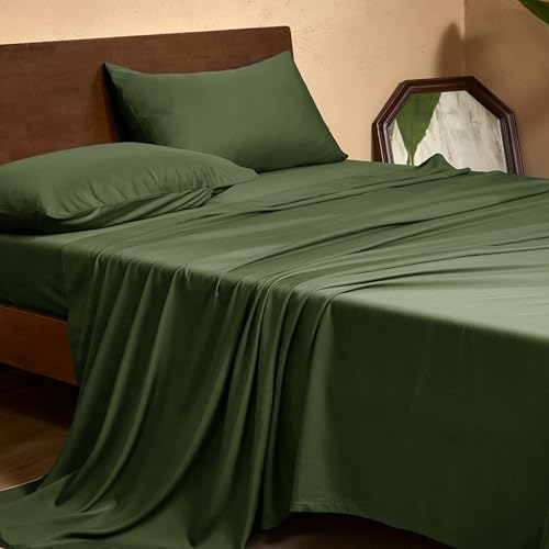 Image of EVERLY Twin Sheets Set,Luxuriously 400 Thread Count Organic Viscose Derived from Bamboo Bed Sheet,Cooling Sheets for Twin Size 3 Piece Deep Pockets Bedding Sheets &Pillowcases-Dark Green