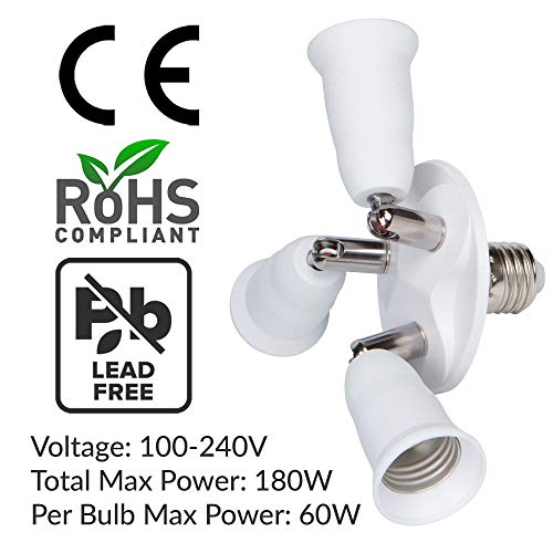 Simba Lighting E26 Light Bulb Socket Adapter Splitter To 3 Heads White Finish With Fully Adjustable Angles For Wide Coverage, Indoor And Outdoor Use For Ceiling Light Or Lamp, Medium Screw Base #TOP2